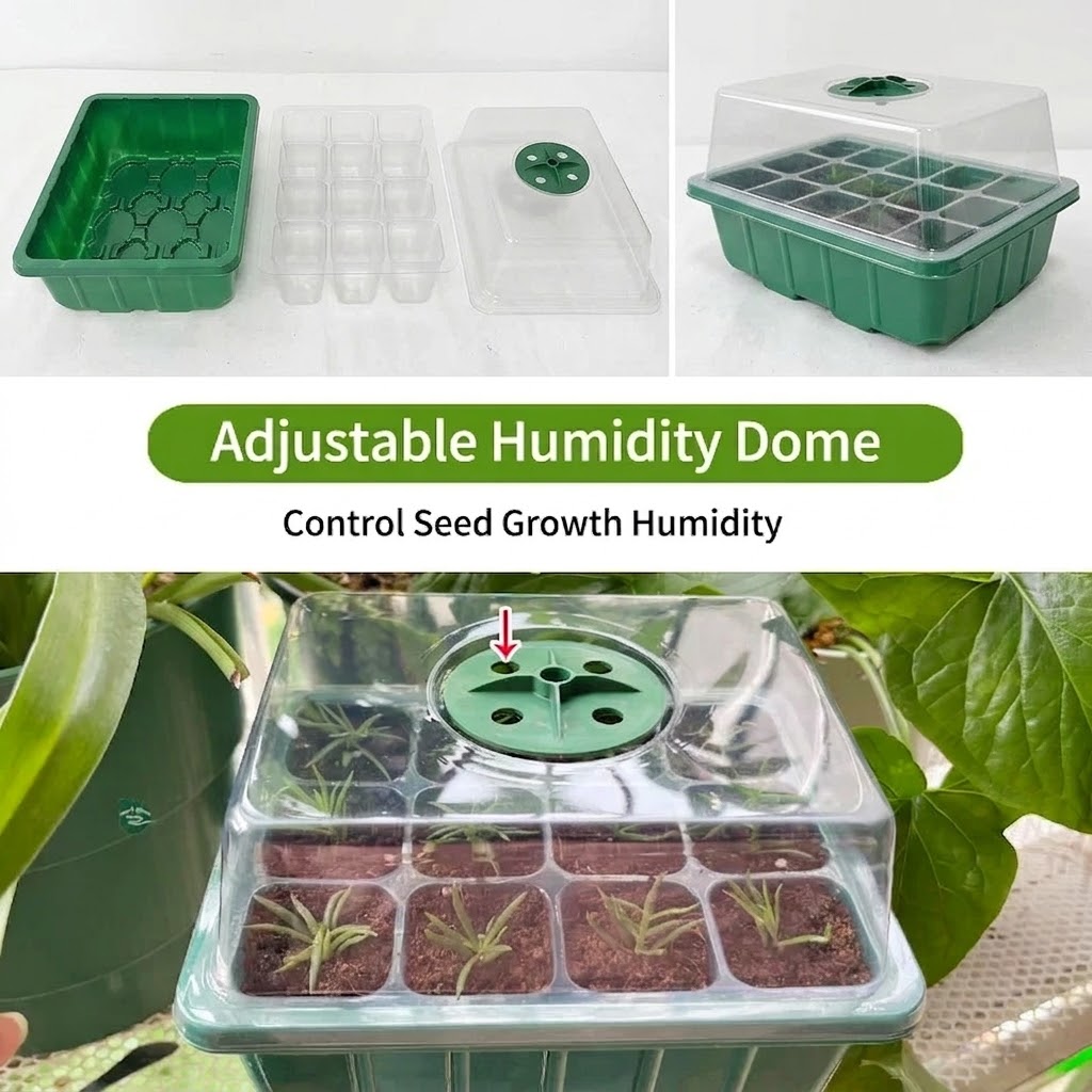 Humidity Dome Kit - 植物育成ライトキット付き種まきトレイには、高さのある苗育成トレイ、湿度調整可能なドーム、透明なセルが含まれています。