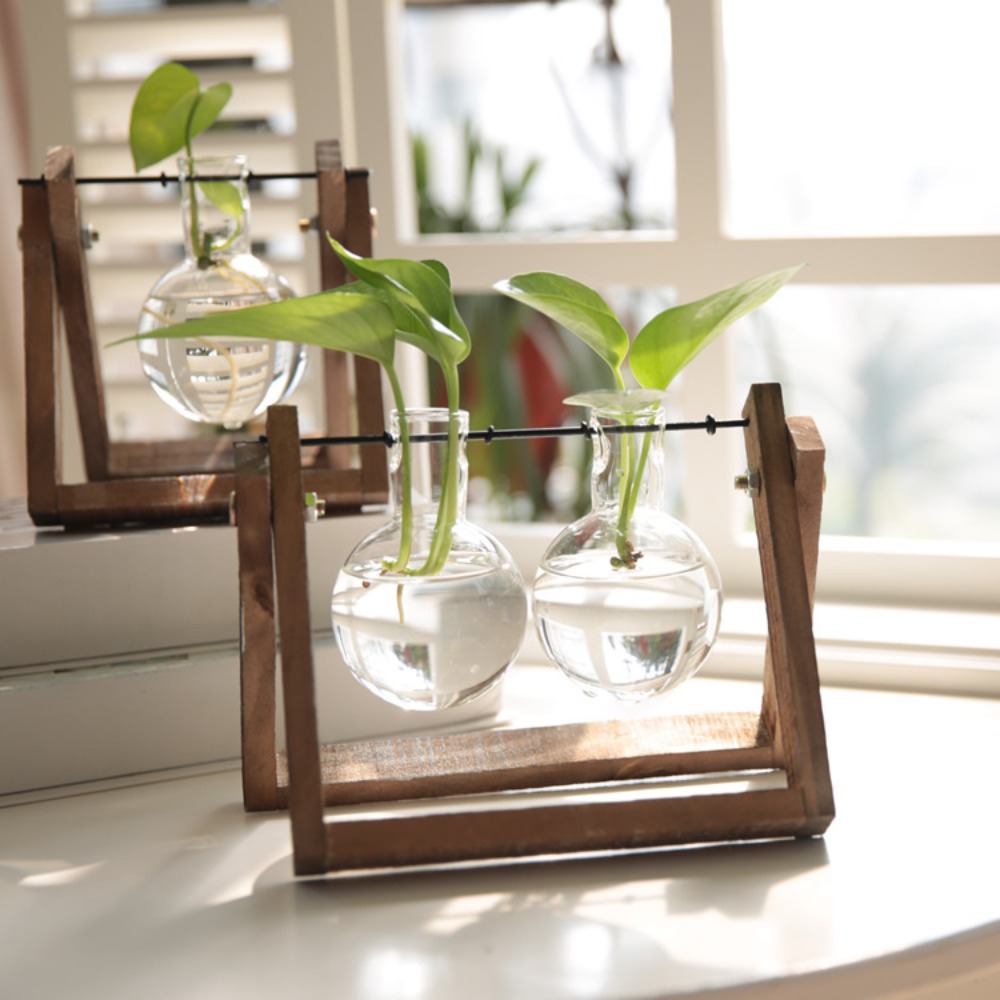 クリエイティブなスイング木製ホルダー付きガラス花瓶、水耕栽培 - Propagation Station Vase のレビューと価格
