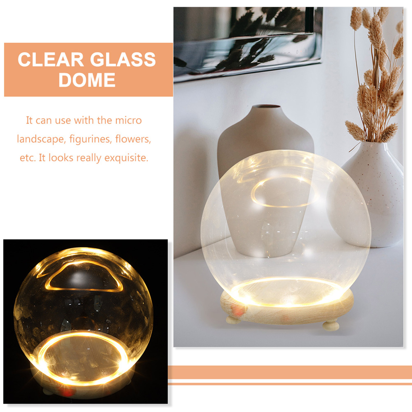 木製の台座が付いたガラス製のドーム型花瓶。生花を長く美しく飾 - Plastic Dome Clear のレビューと価格